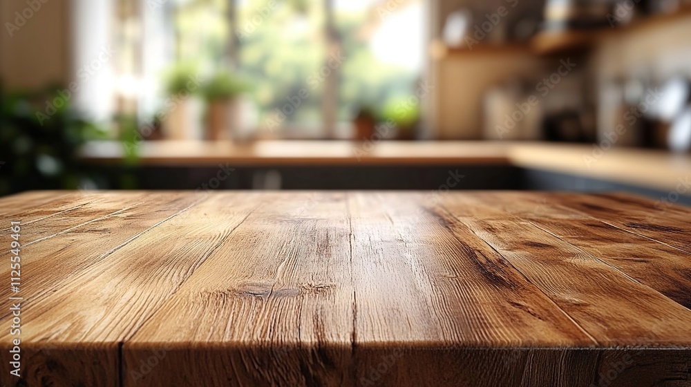 Rustic wooden table top in blurred kitchen setting. Rustic wooden table top in blurred kitchen setting.