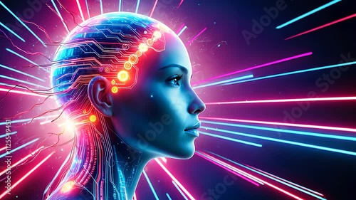 Futuristic Female Cybernetic Profile with Neural Circuits and Radiant Neon Light Effects

 photo