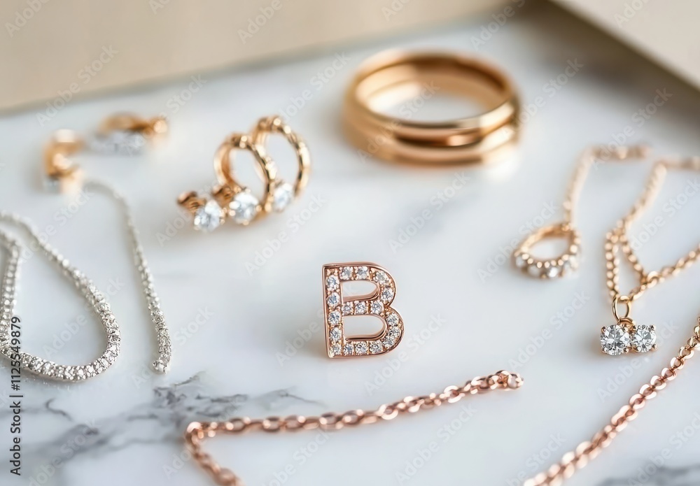 Elegant Display of Rose Gold Jewelry on Marble Surface Featuring Earrings, Necklaces, Rings, and Letter B Pendant for Glamorous Fashion Enthusiasts Elegant Display of Rose Gold Jewelry on Marble Surface Featuring Earrings, Necklaces, Rings, and Letter B Pendant for Glamorous Fashion Enthusiasts