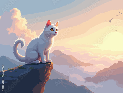 White cat with orange ears sitting on a cliff at sunset with mountainous landscape