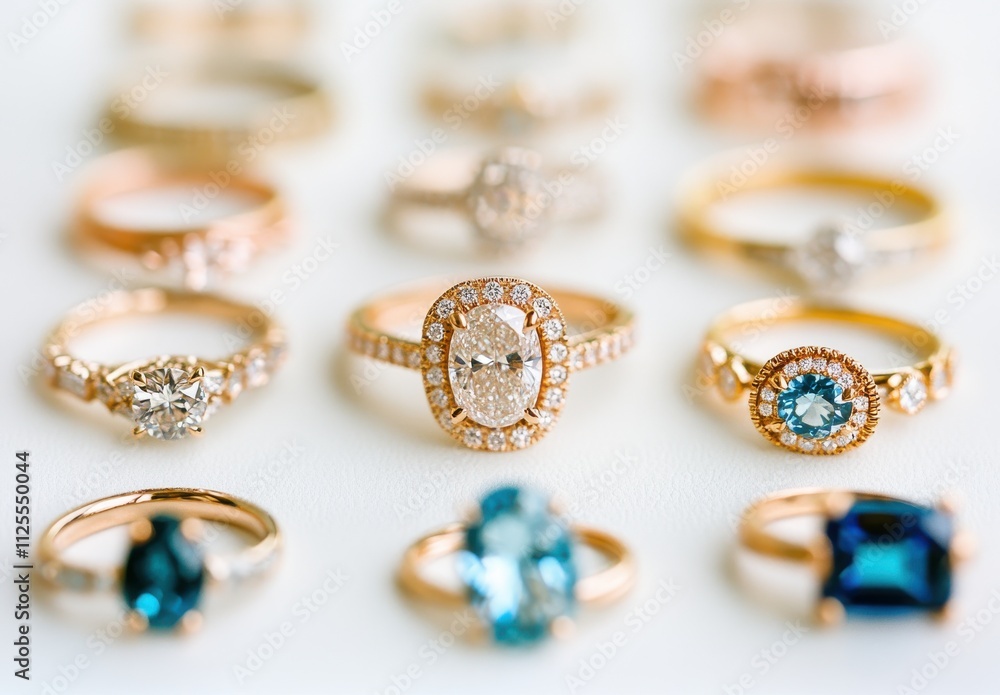 Elegant Display of Various Engagement and Fashion Rings with Sparkling Diamonds and Colorful Gemstones on a Soft Neutral Background Elegant Display of Various Engagement and Fashion Rings with Sparkling Diamonds and Colorful Gemstones on a Soft Neutral Background