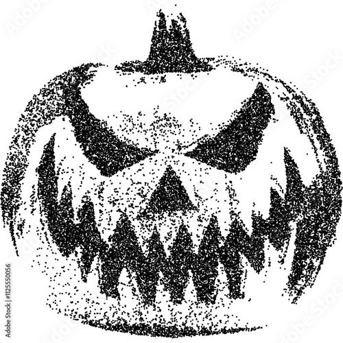 Spooky halloween jack o lantern, collage element with vintage stipple photocopy effect, with retro grainy texture. Vector illustration for grunge psychedelic surreal poster or tattoo in 90s aesthetic.