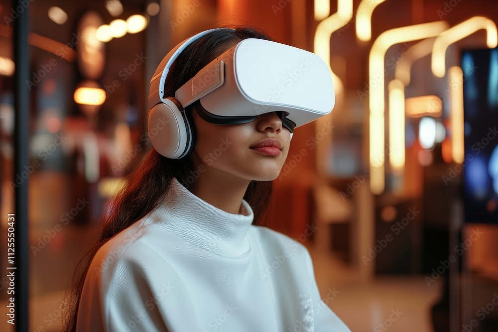 Immersive virtual reality experience in a modern gaming lounge during the evening Immersive virtual reality experience in a modern gaming lounge during the evening