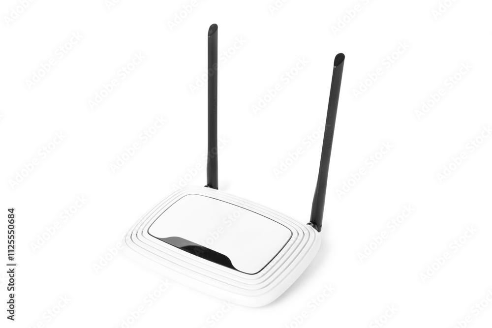 Fototapeta premium White wireless wi-fi router with two antennas for home and office internet connectivity and network communication, the modern electronic equipment is isolated on a clean white background