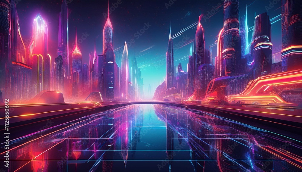 vibrant futuristic cityscape with glowing neon reflections in digital illustration generative ai vibrant futuristic cityscape with glowing neon reflections in digital illustration generative ai