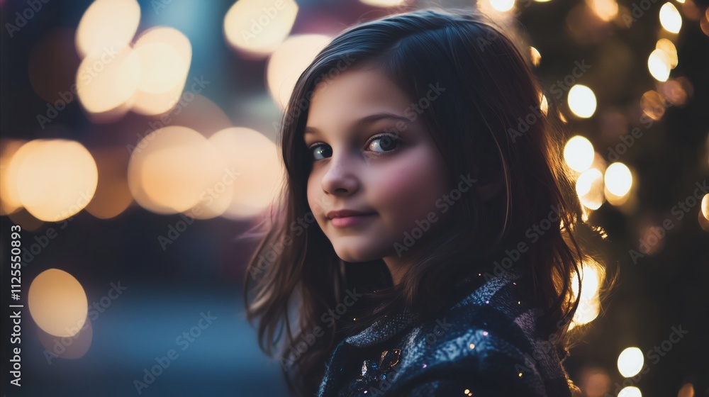 Girl with long hair is standing in front of a Christmas tree Girl with long hair is standing in front of a Christmas tree