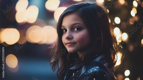 Girl with long hair is standing in front of a Christmas tree