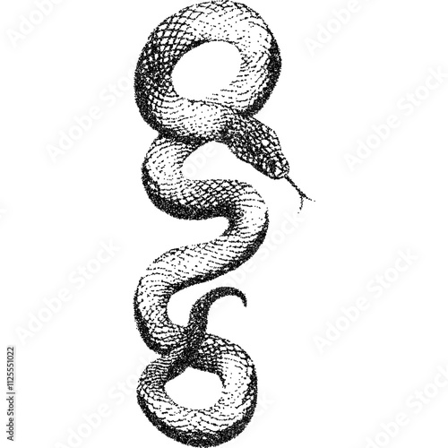 Snake, collage element with vintage stipple photocopy effect, with retro grainy texture. Vector illustration for grunge psychedelic surreal poster or tattoo in 90s aesthetic.
