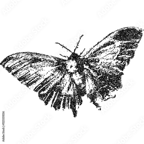 Night butterfly or moth, collage element with vintage stipple photocopy effect, with retro grainy texture. Vector illustration for grunge psychedelic surreal poster or tattoo in 90s aesthetic.