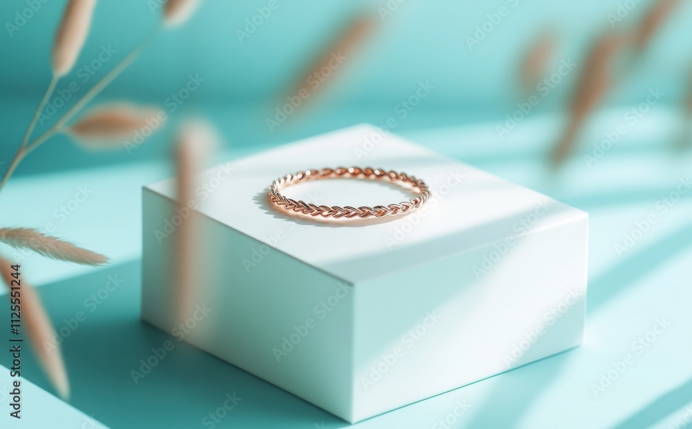 Elegant Gold Bracelet Displayed on a Minimalist Box with Soft Shadows and Delicate Dried Flowers in a Calming Aqua Background Elegant Gold Bracelet Displayed on a Minimalist Box with Soft Shadows and Delicate Dried Flowers in a Calming Aqua Background