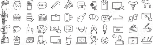 ベクターでモノクロの悪習慣に関する線画アイコンセット