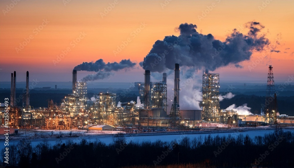 Fototapeta premium industrial complex at dusk with smoke plumes and illuminated towers