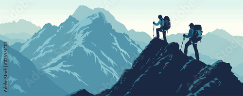 Mountain hiking, climbers with gear on rugged terrain, outdoor adventure, vector illustration, black silhouette, flat style.