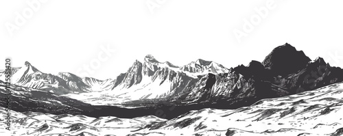 Mountain range under a clear sky sketch engraving vector illustration. Scratch board imitation. Black and white image. Vector