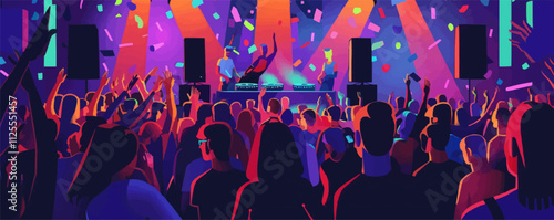 Music festival, DJ, speakers, and dancing crowd, vibrant party scene, neon style, vector illustration, flat style.