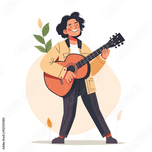 Musician playing a guitar with a joyful expression, flat portrait, vector illustration.