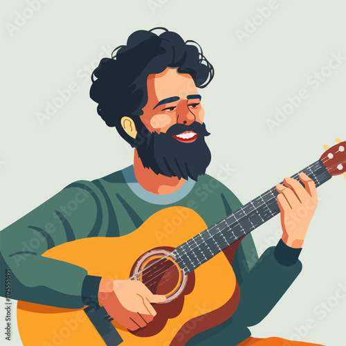 Musician playing a guitar with a joyful expression, flat portrait, vector illustration.