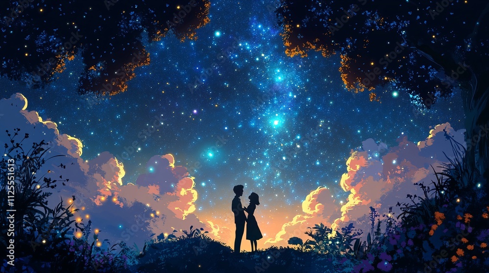 A romantic couple gazing at a starry night sky, whispering sweet nothings under the cosmic canopy.
A romantic couple gazing at a starry night sky, whispering sweet nothings under the cosmic canopy.