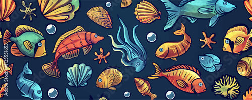 Nautical fish and seashells seamless pattern background, underwater treasures and marine life, vector pattern.