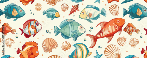 Nautical fish and seashells seamless pattern background, underwater treasures and marine life, vector pattern.
