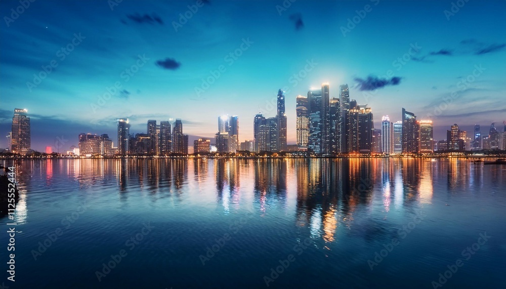 nighttime skyline of illuminated skyscrapers reflecting in calm water nighttime skyline of illuminated skyscrapers reflecting in calm water