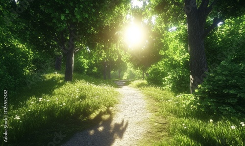 A scene showing a forest path lined with grass, vibrant green trees, bushes, and a brilliant sun shining on a sunny day. A beautiful nature landscape, perfect for a travel game background.