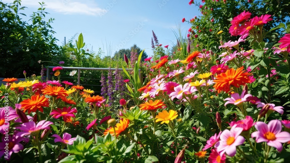 Fototapeta premium A vibrant and lush garden setting with colorful flowers, green foliage, and a clear blue sky, perfect for outdoor events or nature-inspired projects, outdoors, colorful