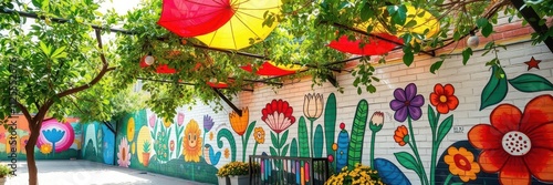 A vibrant and whimsical outdoor mural painted on a brick wall under a canopy of blooming flowers and lush greenery, outdoor, nature, colorful