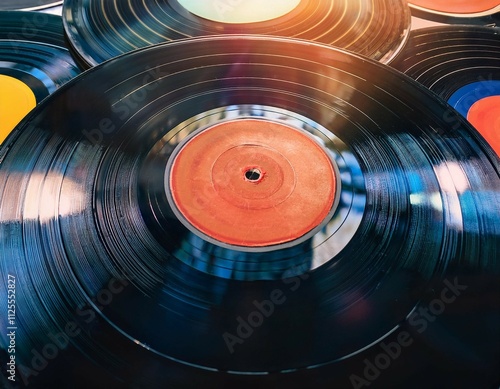a photo of a collection of vinyl records that has been altered to add light leaks and scratches for authenticity concept of music appreciation in retro style