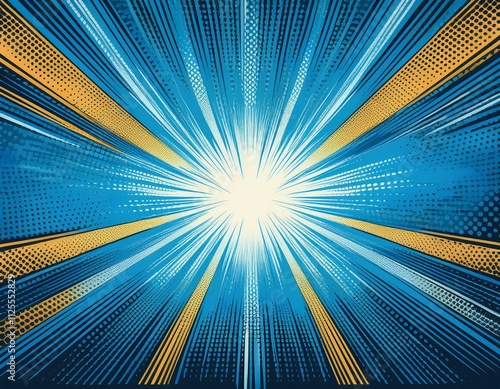 comic style background with pop art textures starburst anime design with explosion effects blue backdrop and halftone gradients fun dot pattern included
