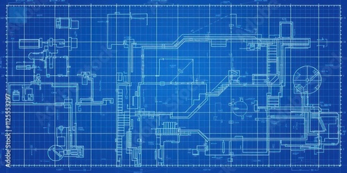 Blue print photo effect mockup template with overlay grid lines and blueprint background, lines, construction