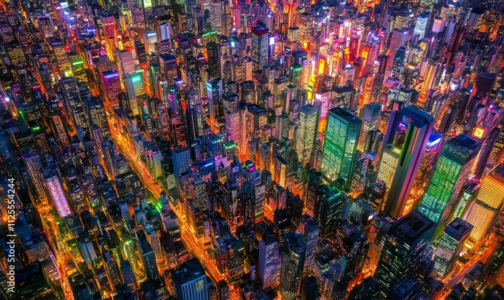 aerial view of Tokyo cityscape with densely packed buildings illuminated by vibrant neon lights at night aerial view of Tokyo cityscape with densely packed buildings illuminated by vibrant neon lights at night