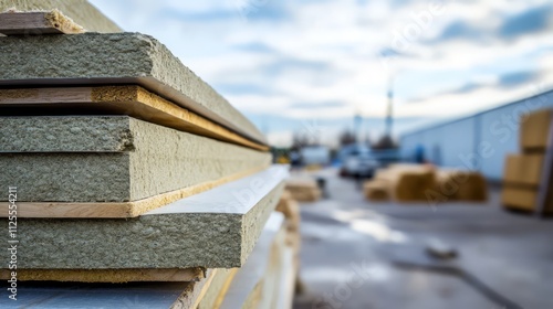 Stacked insulation panels at construction site.