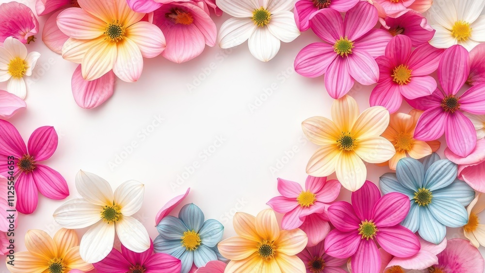 Colorful spring flowers in full bloom set against a white paper background, design, petals, nature Colorful spring flowers in full bloom set against a white paper background, design, petals, nature