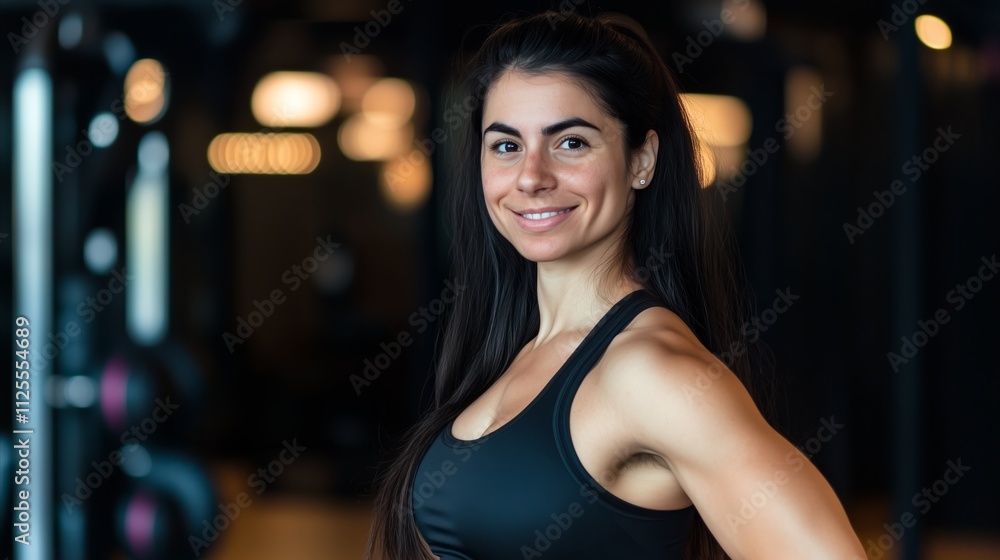 Woman is smiling and wearing a black tank top Woman is smiling and wearing a black tank top