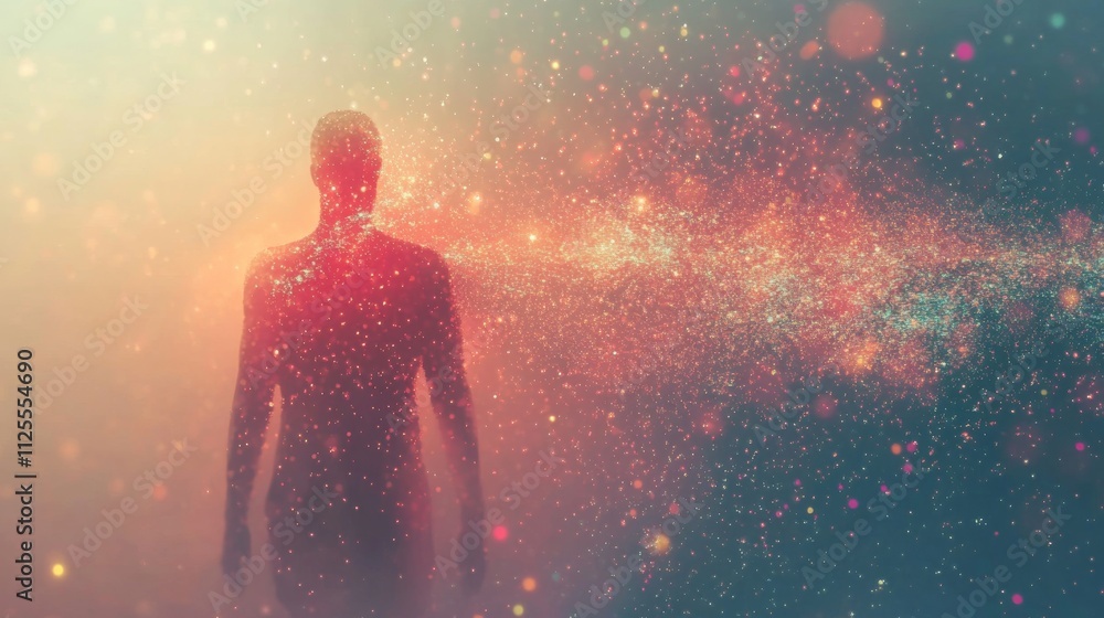 Fototapeta premium Human silhouette dissolving into colorful particles of light and energy