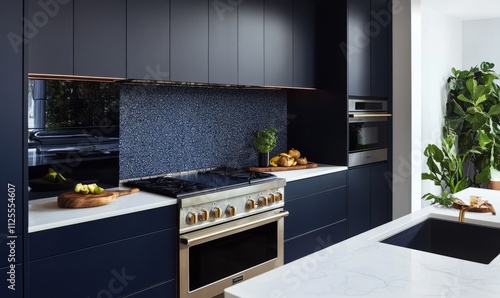 Wallpaper Mural A sleek, modern kitchen with deep indigo cabinets and white quartz countertops. The backsplash is a subtle gradient of blue and indigo tiles. Torontodigital.ca