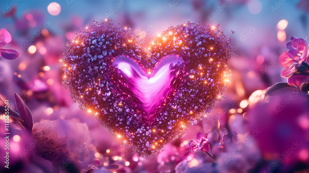 Obraz premium A vibrant heart pulse transforms into an enchanting landscape adorned with flowers and glowing lights