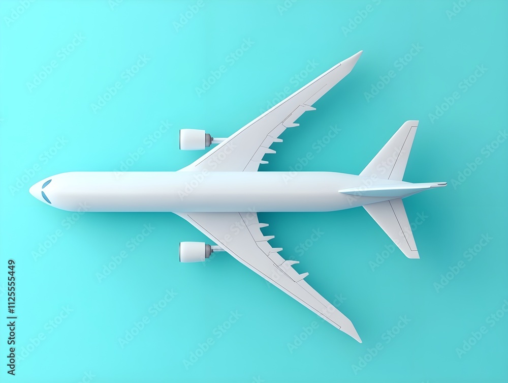 Fototapeta premium A commercial airplane flies in the blue sky, seen from above. Flat lay with copy space for travel and business concepts. Minimal background design