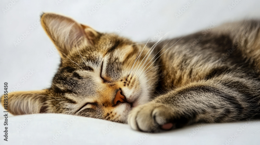 Adorable tabby kitten sleeping peacefully on white background