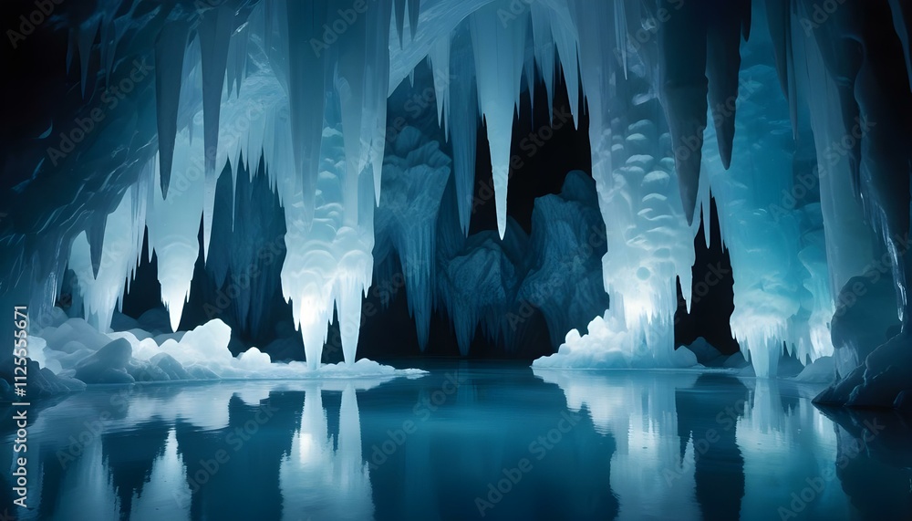 Una cueva helada con imponentes estalactitas y estalagmitas azules y blancas, que se reflejan en el agua tranquila y cristalina que se encuentra debajo Una cueva helada con imponentes estalactitas y estalagmitas azules y blancas, que se reflejan en el agua tranquila y cristalina que se encuentra debajo