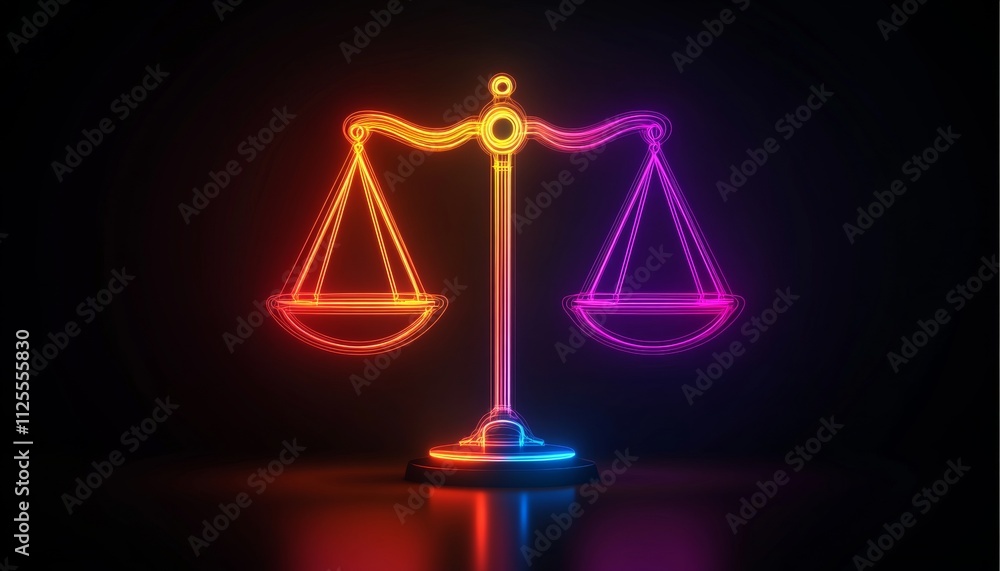 Neon Libra Scales, Symbol of Justice and Law on a Dark Background, Vibrant Legal Concept Neon Libra Scales, Symbol of Justice and Law on a Dark Background, Vibrant Legal Concept