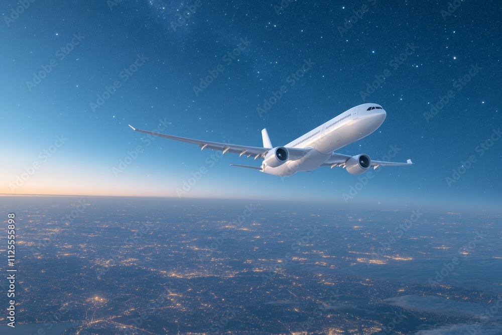 Airplane flying above sky and planet at night. Generative AI