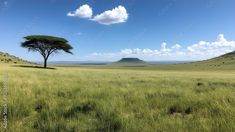 Blue sky, yellow field, in the distance a tree illuminated by bright sunlight Blue sky, yellow field, in the distance a tree illuminated by bright sunlight