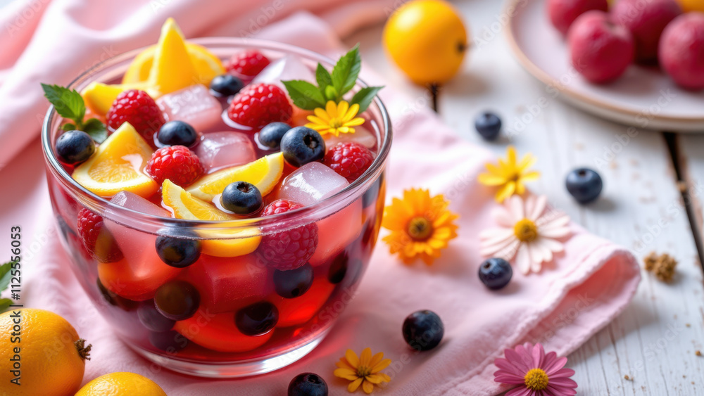 A refreshing glass of hwachae garnished with a variety of fresh fruits on a vibrant floral surface. A refreshing glass of hwachae garnished with a variety of fresh fruits on a vibrant floral surface.