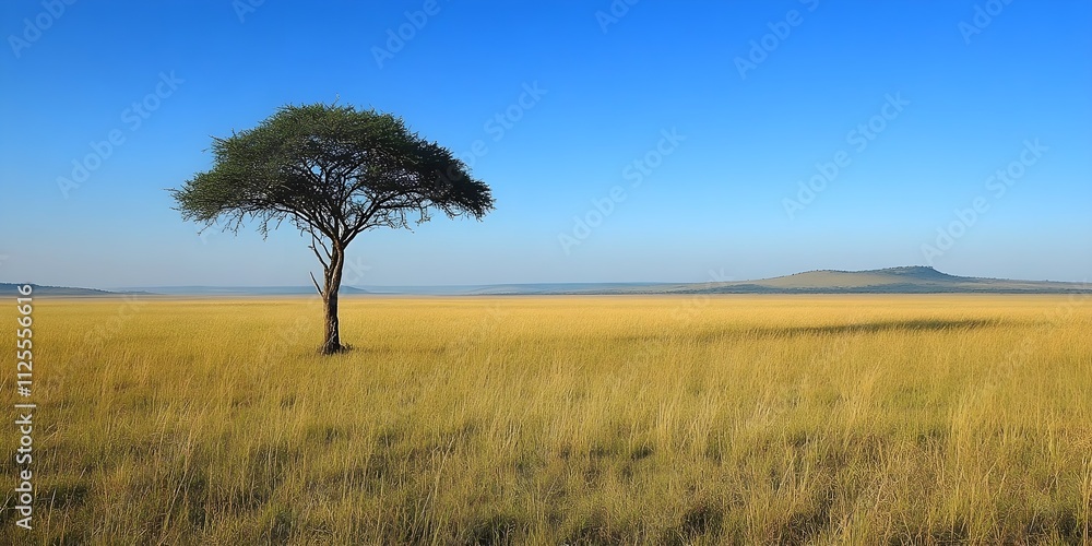 Blue sky, yellow field, in the distance a tree illuminated by bright sunlight Blue sky, yellow field, in the distance a tree illuminated by bright sunlight