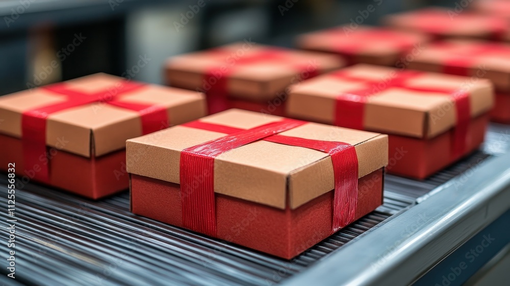 A conveyor belt with several brown boxes with red ribbons on them. The boxes are lined up and appear to be in the process of being wrapped A conveyor belt with several brown boxes with red ribbons on them. The boxes are lined up and appear to be in the process of being wrapped