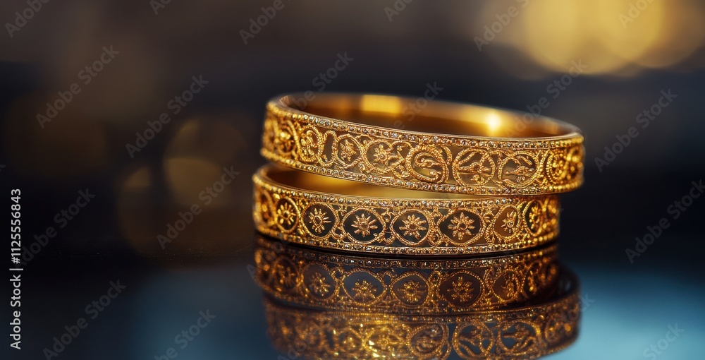 Elegantly Crafted Golden Wedding Rings with Intricate Patterns Reflecting Light in Romantic Setting Elegantly Crafted Golden Wedding Rings with Intricate Patterns Reflecting Light in Romantic Setting
