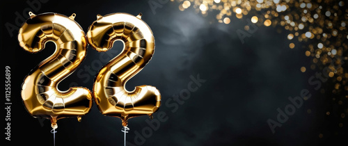 Two golden foil balloons shaped like the number 22 on a dark smokey background with bokeh. Space for text. Atmosphere for celebration, youth birthday party, anniversary, wedding day, event