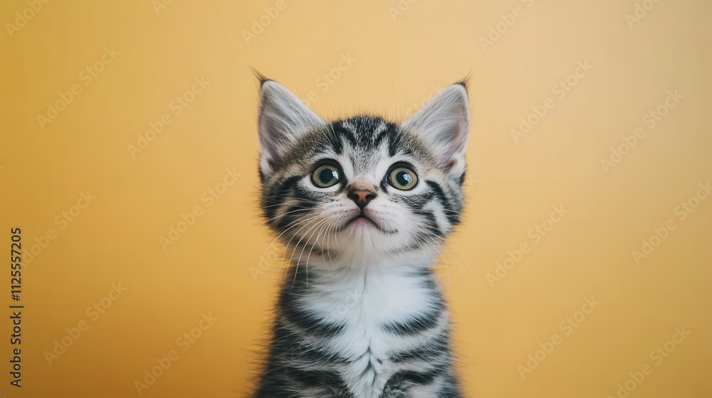 A kitten with green eyes is staring at the camera. The kitten is sitting on a yellow surface A kitten with green eyes is staring at the camera. The kitten is sitting on a yellow surface